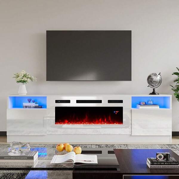 Merluxy Entertainment Center With Electric Fireplace And LED Lighting, 70/80 Inch Modern TV Stand With Ample Storage Cabinets, Fits TVs Up To 80/90 Inch
