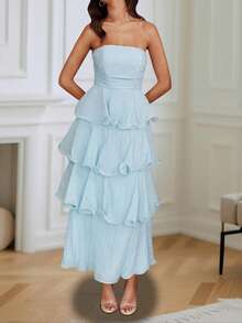 Ruffled Tube Top Long Dress For Women Summer Solid Color Backless Strapless Sleeveless Tiered Cake Dress - Màu xanh lam - Xem 5