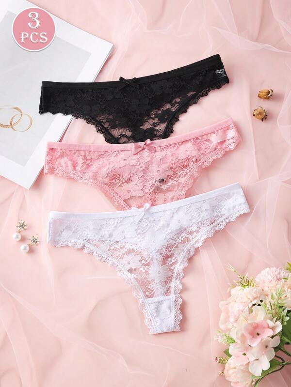 3 Pack Women Sexy Lace Patchwork Thong Panties, Comfortable Soft And Skin-Friendly Underwear