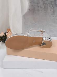 1 Pair Girls/Teens Solid Color Glitter Strap Buckle Round Toe 5cm Chunky Heel Sandals, Fashion Casual Cute Comfortable Luxury Heeled Shoes For Party, School, Beach, Spring/Summer