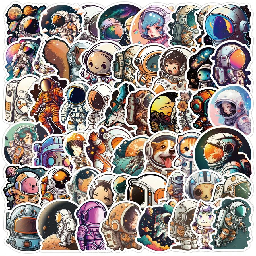 50 Stücke Cartoon Astronaut Kritzeleien Aufkleber, glänzende Vinyl Selbstklebende Aufkleber zum Dekorieren von Skateboards, Gepäck, Notizbüchern, Alben, Tassen, Kühlschränken, Helmen, geeignet für Erwachsene & Jugendliche, für Schulmaterial, Rückkehr zur Schule