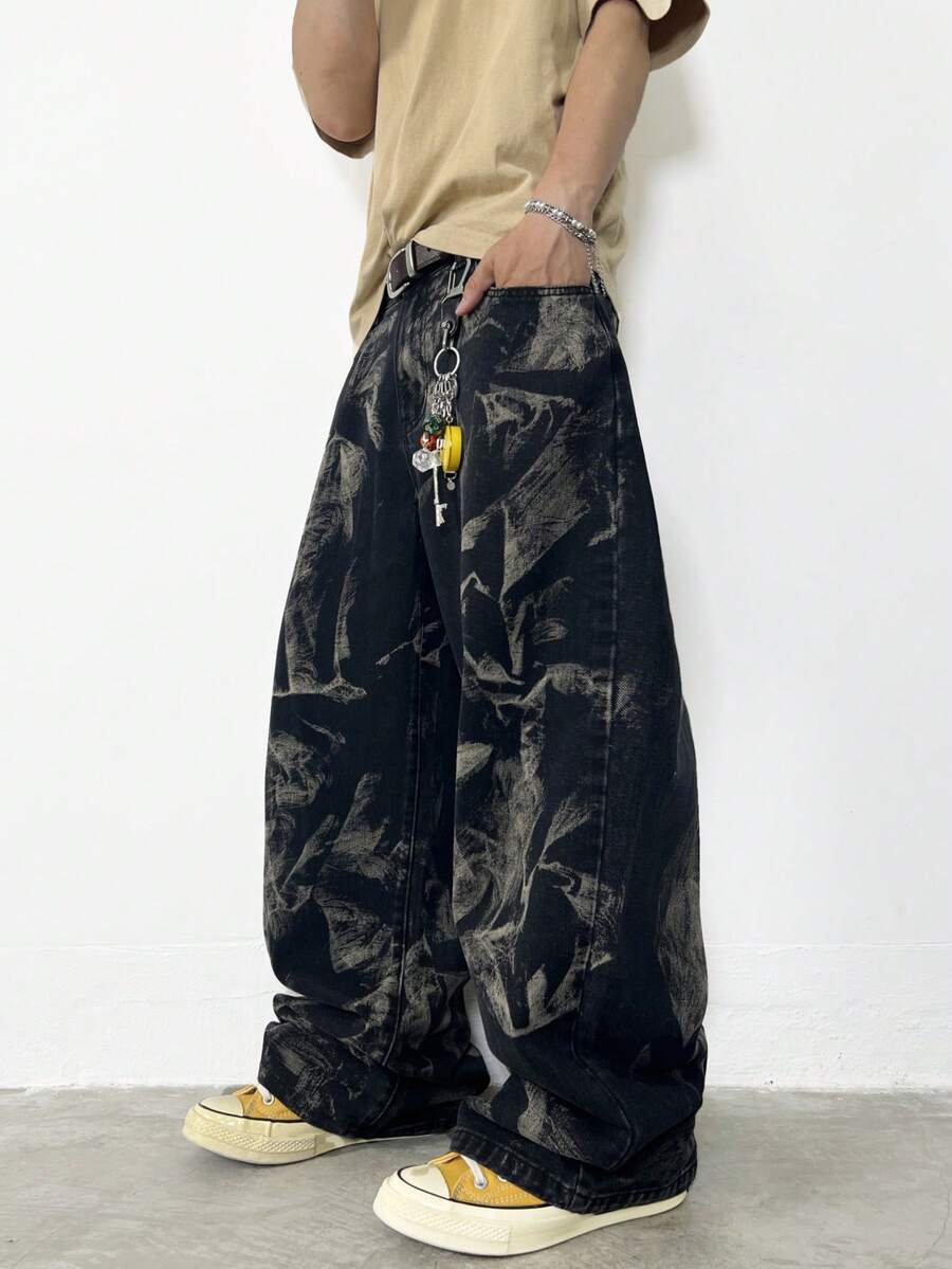 1 Stück Herren Retro Amerikanischer High Street Zebra Gestreift Verwaschen Weites Bein Jeans, Bequeme Lässige Weite Denimhose, Grunge