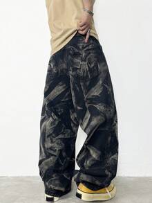 1 Stück Herren Retro Amerikanischer High Street Zebra Gestreift Verwaschen Weites Bein Jeans, Bequeme Lässige Weite Denimhose, Grunge