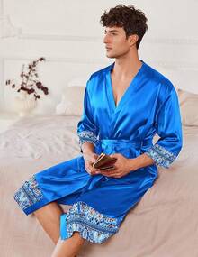 Mens Satin Robe Lightweight Silky Kimono Bathrobe 3/4 Sleeve Spa Knee Length Loungewear With Pockets S-3XLhalloween - Snorkel Blue-pattern - View 5