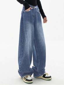 Women's Y2k Baggy Jeans High Waist  Wide Leg Jeans Casual Loose Boyfriends Trousers Vintage Grunge Streetwear, Fall And Winter Denim Pant For Women - Màu xanh lam - Xem 2