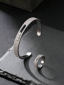 1 Conjunto com 2 Peças Pulseira e Anel com Zircônia no Estilo Euro-Americano, Design de Contas Redondas Deslizantes Dinâmico, Jóias para Uso Diário Feminino, Presente
