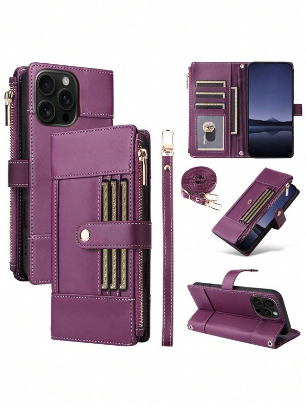 AWQUER AWQUER Crossbody Flip PU Faux Leather Wallet Case Sutiable Compatible With Iphone 16E 16 15 14 Plus 13 12 11 Pro Max With Wrist Strap, Card Holder Slots Mobile Phone Bag Case Sutiable For Galaxy A56 A36 A26 A16 A55 A35 A15 A06 S25