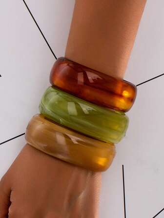 3 件套加大码镂空手镯套装，金属色几何设计手镯，女士时尚个性