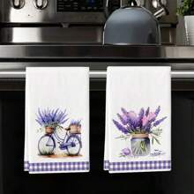 2pcs Set, Lavender Series Plaid Border Printed Towels, Ultra-Fine Fiber Modern Absorbent Cleaning Cloths, Cooking Baking Tea Towels, Dishcloths, Hand Towels, Super Soft, Highly Absorbent, Kitchen Decor, Neighbor/Mom/Birthday Gift, Housewarming Present For Friends, Kitchen Accessories, Household Essentials For Beauty Salon Home Bathroom