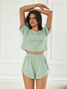 2 Pack Women's Casual Knit Lounge Sets With Short Sleeve Striped Tops And Side Slit Shorts Comfortable Four Season Pajama Sets For Home Relaxing And Sleep - màu xanh lá - Xem 3