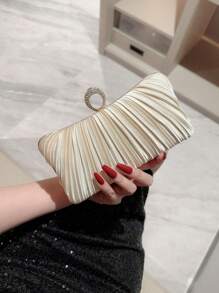 Women's Elegant Pleated Box Design Party Handbag, Luxury Rhinestone Clutch, Charming Formal Evening Bag Suitable For Date, Dance, Birthday, Party And Other Formal Occasions,Pleated Satin Design Box Shape Evening Clutch, Formal Banquet Handbag For Party, Formal Dress, Ball, Wedding