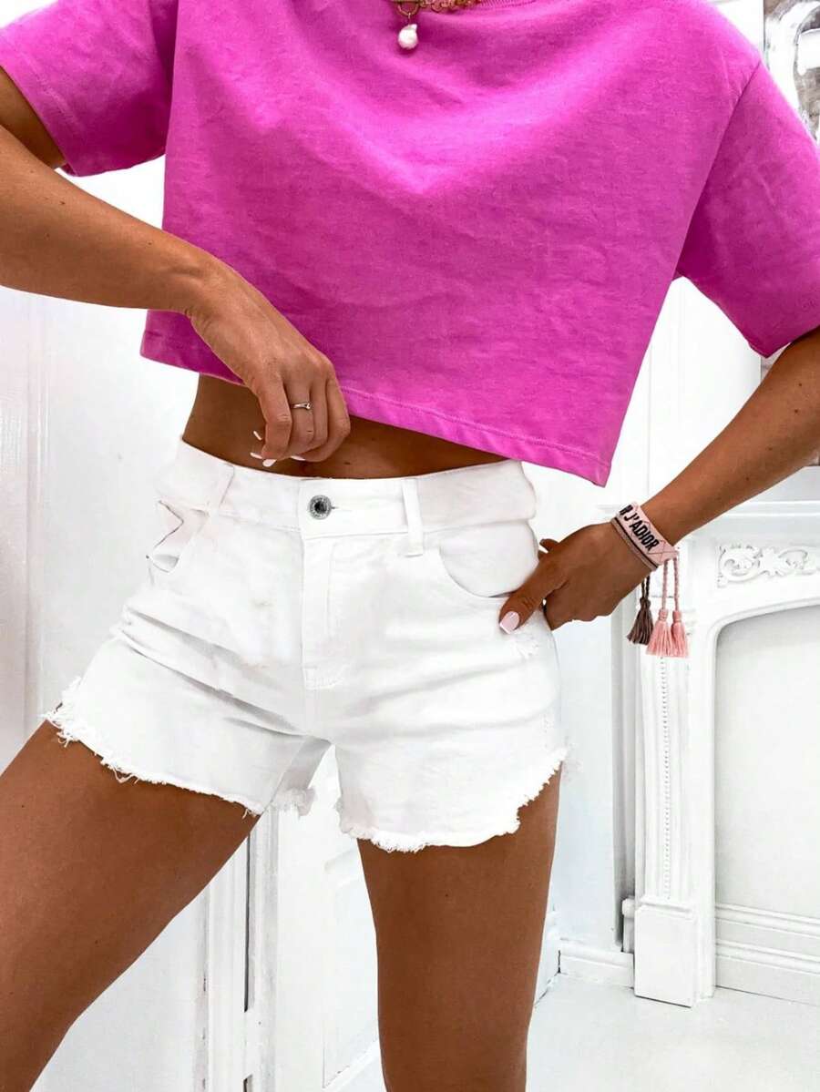 女士短褲色布破洞短款夏季休閒純色口袋毛邊緣破洞日常 - 奶油色 - 查看 1