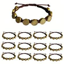 12 peças/pacote Pulseiras antigas de ouro San Benito, proteção, feitas à mão, cordão vermelho e preto, pulseiras de pulso Beneditinas, medalha ajustável, pulseira de rosário, sorte, benção da serenidade, pulseira da amizade para mulheres e homens