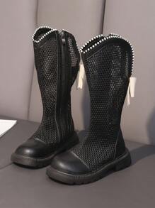 1 双女童高筒渔网靴，街头风格蝴蝶结装饰厚底长靴