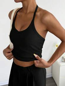 Mystra 休闲性感百搭罗纹挂脖上衣，春夏季 - 黑色 - 查看 5