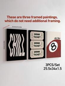 3 幅酒吧艺术海报幸运 8 球印刷图片冷饮票绘画海报时尚墙面艺术复古墙面印刷现代房间装饰客厅墙壁装饰可选框架 - 紅色 - 查看 3