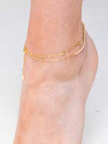 2 Stück Damen Mehrschichtiges goldenes Fußkettchen-Set mit Strass-Perlen-Kette, verstellbarer Sommerstrand Barfuß Accessoire