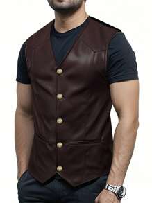 PU Leather Button Vest Men Waistcoat Wedding Fashion Casual Jacket , Fall Winter