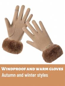 1 双女士保暖手套，人造毛皮袖口保暖内衬，防风，纯色，冬季配饰 - 彩色 - 查看 7