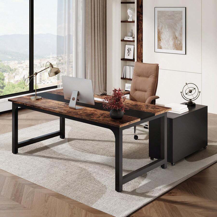Tribesigns Escritorio, 160 X 80 Cm Escritorio de computadora grande, mesa de oficina, para sala de estudio, estación de trabajo para oficina en casa, estilo moderno y sencillo, marrón vintage-negro - Marrón - Ver 1