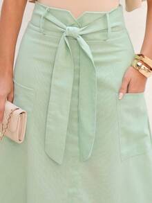 Linen Midi Skirt With Large Pockets And Modern Design - 水綠 - 查看 5