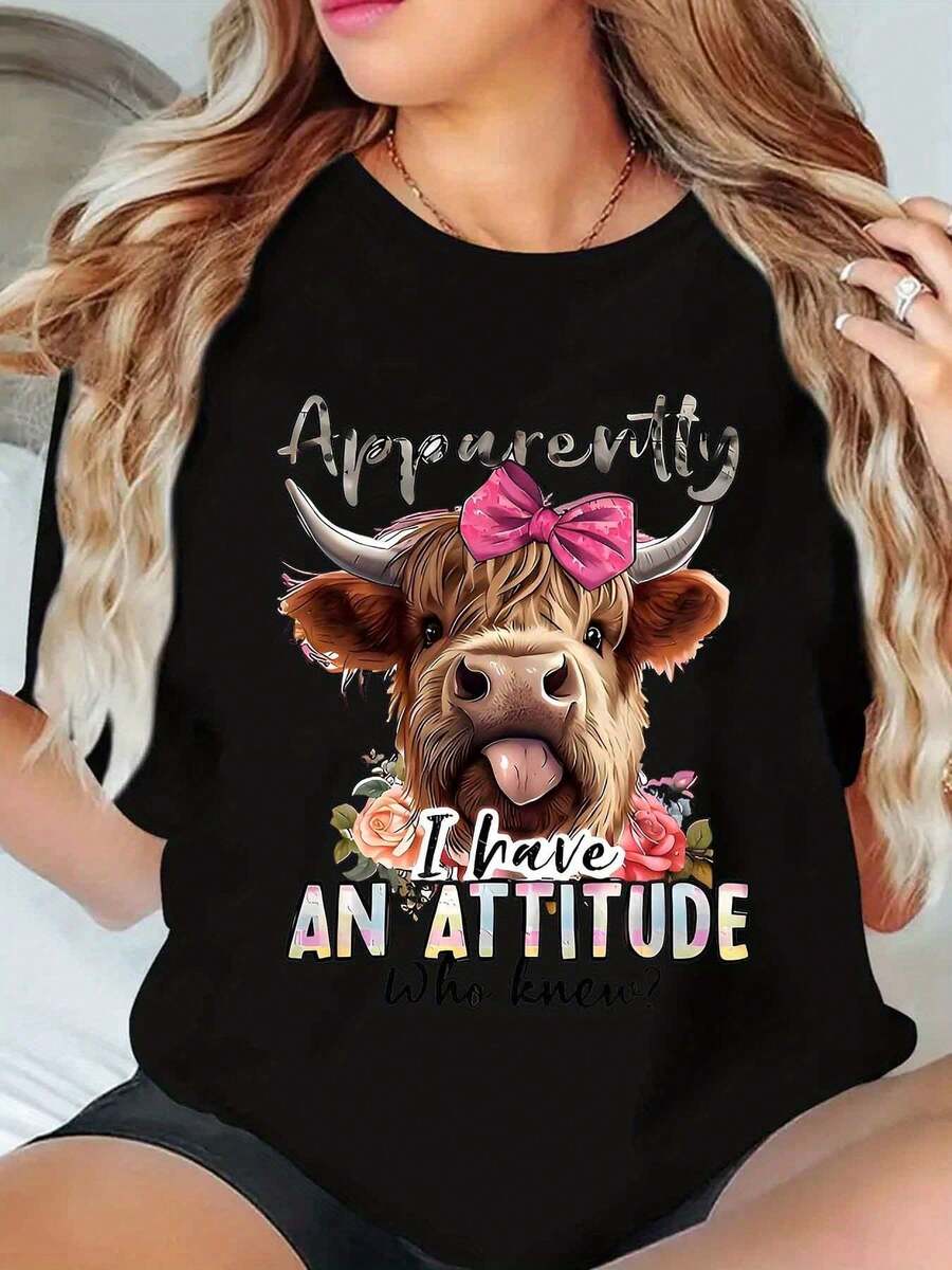 Highland Cow Graphic T-Shirt, Comfortable Crew Neck Short Sleeve Top, For Spring/Summer, Daily Wear | Bold Graphic Tee | Machine Washable Shirt - Black - View 1