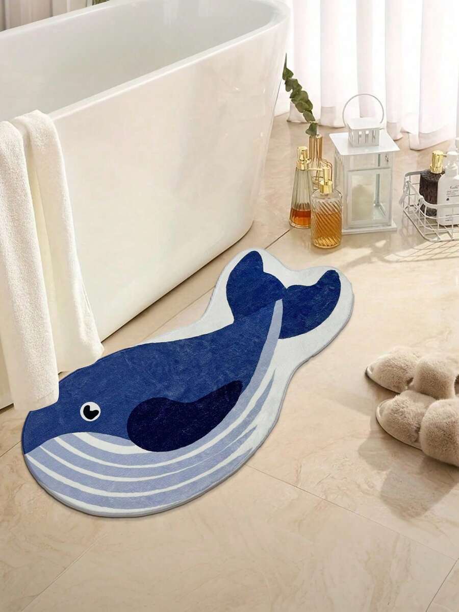 1件可爱鲸鱼造型TPR防滑浴室垫，高吸水性，适用于浴室、客厅、卧室、洗衣房、入口厨房等场所。