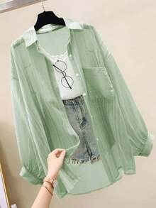 Camisa de sol de verano, Elegante Top de gasa fina transparente, Tul Harajuku, Tops sueltos, Cárdigan casual de mujer - Verde - Ver 1