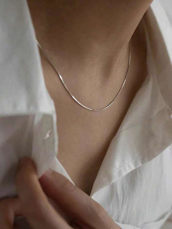 1pc Minimalist Fashion Silver Snakebones Titanium Steel Thin Necklace, Unisex Dainty Choker Necklace With 5cm Extension Chain Back To School