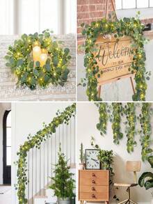 2/4pcs Silver Dollar Eucalyptus Leaf Garland With LED Lights, Artificial Eucalyptus Leaf Table Runner, Fake Greenery Vines For Home Decor, Room, Classroom, Bedroom, Wedding, Bridal Shower, Party, Baby Shower, Patio, Valentine's Day, Gift