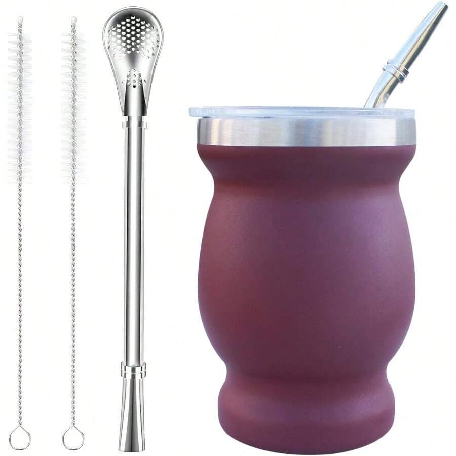 Bombilla Yerba Mate Gourd 8oz Stainl Steel Tea Cup Set With A Multifunctional Lid Two Straws And Cleaning Brushes Double Ed Coffee Mug Heat Insulation Anti Scalding Bury-0033