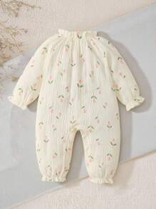 MommBaby Momm Baby Girls' Romper With High Collar, Side Open Chest, Ruffle Trim, Ditsy Floral, Soft Long Sleeve Jumpsuit, Adorable Outfit For Spring/Autumn
