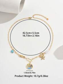 1pc Ocean Vacation Style Necklace With Blue Heart, Seahorse, Starfish Pendant Elements, Unique Fresh Design - Yellow Gold - View 5