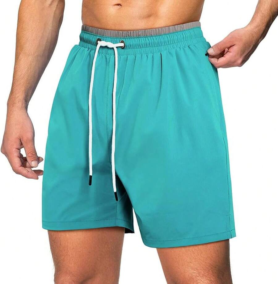 Mens Swim Trunks 5" Inseam With Mesh Lining Quick Dry Swim Shorts Bathing Suit - 藍綠色 - 查看 1