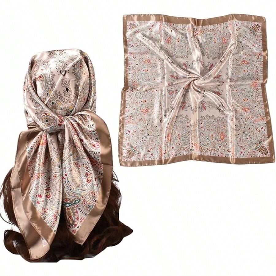 35 Inches Silk Head Scarf-Satin Hair Scarves Silk Bandana Scarf Headscarf For Women's Fashion Scarveshalloween - 大花腰果 - 棕色 - 查看 1