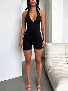 Summer Sleeveless Hanging Neck Deep V Backless High Waisted Tight Fitting Jumpsuit - Black - View 5