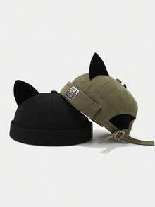 1pc Cat Ear Docker Cap Brimless Hats Beanie For Women Men Skull Cap Worker Sailor Cap Rolled Cuff Retro Docker Hat - Multicolor - View 1