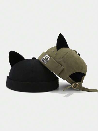 1pc Cat Ear Docker Cap Brimless Hats Beanie For Women Men Skull Cap Worker Sailor Cap Rolled Cuff Retro Docker Hat