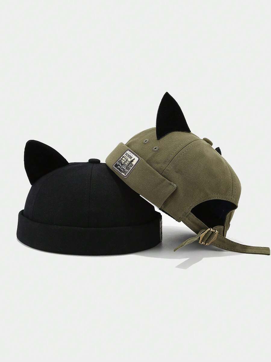 1pc Cat Ear Docker Cap Brimless Hats Beanie For Women Men Skull Cap Worker Sailor Cap Rolled Cuff Retro Docker Hat - Multicolor - View 1