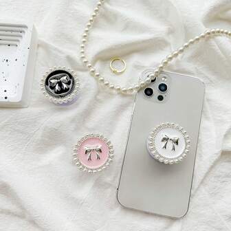1pc INS Style Pearl Edged Bowknot Round Finger Ring Grip Stand, Adhesive & Expandable Phone Holder For Watching Videos