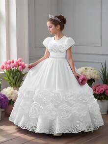 Váy công chúa tutu họa tiết hoa lớn tay ngắn cho bé gái, thanh lịch cho tiệc tùng, đám cưới, không kèm băng đô - trắng - Xem 1