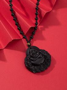 1pc Chinese Style Obsidian Stone Dragon Pixiu God Of Wealth Pendant Necklace - Black - View 4