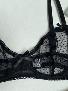 Conjunto de lencería transparente con lunares y lazo para mujer, ideal para fiestas y salir - Negro - Ver 6