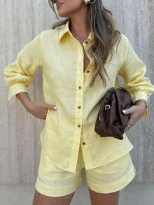 2 件套女士休闲独特简约亮黄色开衫衬衫和短裤套装，秋冬 - 黃色 - 查看 2