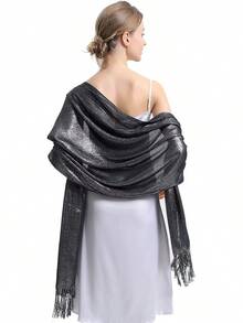 Sparkly Metallic Shawls And Wraps,Women's Glitter Pashmina Shawl Scarf Forformal Evening Party Dresses - F-黑銀色 - 查看 2