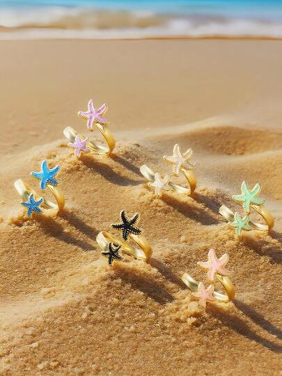 טבעת פתוחה כפולה אופנתית אחת עם כוכב ים - עיצוב אמייל צבעוני וגווני זהב, תכשיטים מתכווננים בהשראת חוף האוקיינוס, אביזר קיץ לנשים ונערות