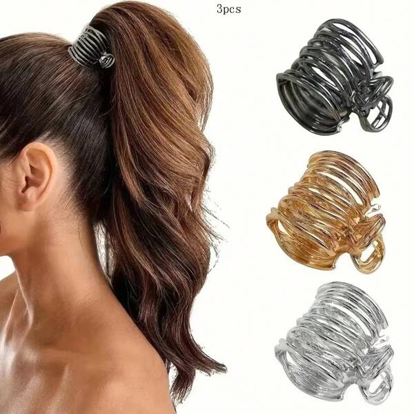 3pcs/Set Women Golden Round Rhinestone Hair Clip, High Ponytail Fixer, Non-Slip, Suitable For Daily, Home, Outdoor, Commute, Hair Accessories, Gift ,Flat Claw Clip, Claw Clips, Clips For Hair, Hair Slide, Hair Claws