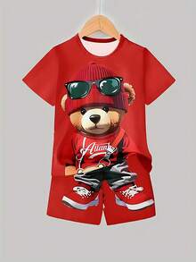 Boys Bear Print Casual T-Shirt And Shorts Set, Round Neck Short Sleeve Pullover Tee, Suitable For Outdoor Wear In Spring And Summer, Regular Knit Fabric - Red - View 2