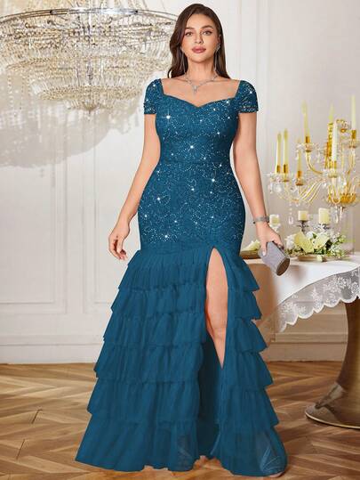 Plus Size Women's Sweetheart Neckline Sequin Floral Lace Contrast Color Layered Ruffle Hem High Slit Maxi Dress, Formal Party Gown, Wedding Guest Dress, New Year Dress, Prom Dress, Birthday, Graduation, Banquet