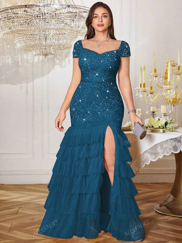 Vestido de fiesta largo formal con cuello tipo corazón, encaje floral con lentejuelas, volantes a contraste y abertura en el bajo, para fiesta, boda, graduación, cena